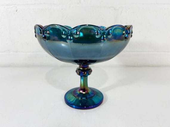Vintage Indiana Carnival Glass Amethyst Blue Candy Dish 1970s Iridescent Compote Footed Pedestal Bowl