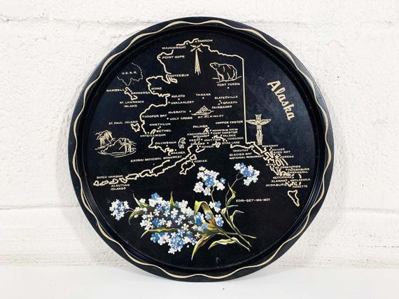 Vintage Metal Alaska Drink Tray Plate Souvenir Retro Forget Me Not Blossom Flowering For-Get-Me-Not Mid-Century Barware State Flower Floral
