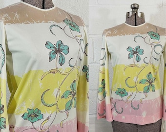 Vintage Psychedelic Floral Long Sleeve Top – 70s Crew Neck Blouse Medium
