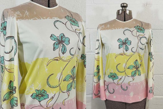 Vintage Psychedelic Floral Long Sleeve Top – 70s Crew Neck Blouse Medium