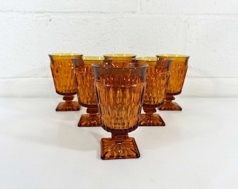 Vintage Set of 8 Amber Goblets Matching Glasses Mt Vernon Footed Stemware Water Wine 1970s Barware Bar MCM