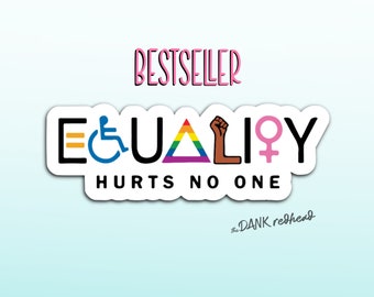 Könnte beinhalten: Ein weißer Aufkleber mit dem Wort "EQUALITY" in schwarzen Buchstaben. Jeder Buchstabe ist mit einem Symbol verziert, das verschiedene Gruppen repräsentiert: einen Rollstuhl, ein Regenbogen-Dreieck, eine geballte Faust und ein weibliches Symbol. Der Text "HURTS NO ONE" befindet sich unter dem Wort "EQUALITY". Der Text "BESTSELLER" befindet sich über dem Aufkleber in rosa Buchstaben. Der Text "the DANK redhead" befindet sich unter dem Aufkleber in schwarzen Buchstaben.