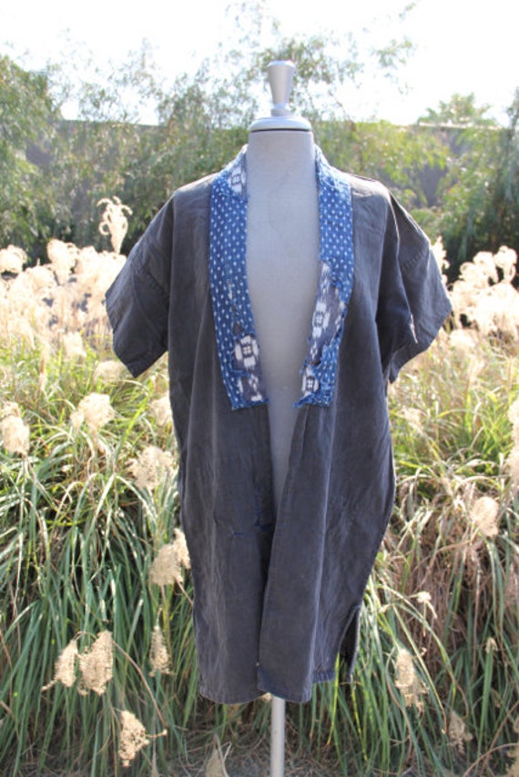 vintage antique black canvas and indigo kimono wra
