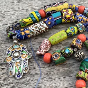 Millefiori Trade Beads Necklace, Moroccan Silver Enamel Pendant, Nepal Glass Coral