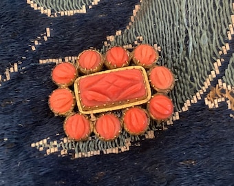 Georgian or Victorian Coral Brooch, Antique Jewellery, carved natural coral