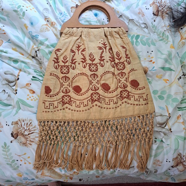 Raw silk Retro Hand Bag with Macrame Fringe and Embroidery, Wooden Handles magnetic clip shut. Funky, hippie, Boho Beach, Surfer Chick