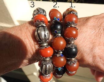 PAiR Antique Chinese Mongolian Manchurian Pema Raka, Natural Coral, Pumtek, Silver and Enamel Bead Bracelet, Antique Bracelets,Mystery Bead