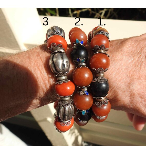 PAiR Antique Chinese Mongolian Manchurian Pema Raka, Natural Coral, Pumtek, Silver and Enamel Bead Bracelet, Antique Bracelets,Mystery Bead