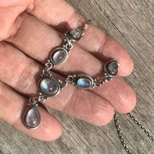 Glowing Arts and Craft Moonstone Necklace. Sterling Silver.  Antique Moonstones with strong blue glow.