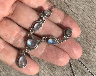 Glowing Arts and Craft Moonstone Necklace. Sterling Silver.  Antique Moonstones with strong blue glow.