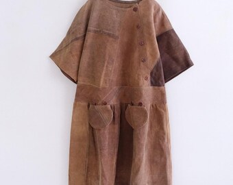 Persimmon Dye Dress cut from Japanese Sakubuko, Antique Kakishibu saki bags. 酒袋柿渋ジャ