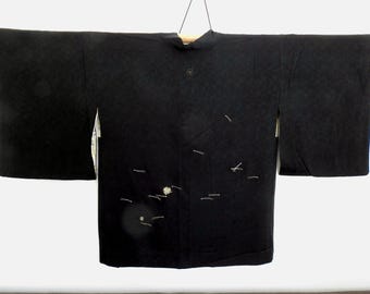 Delicate Pine Cone and seeds Black Rinzu Silk Japanese Kimono Coat, Haori.. Soft and light delight. Family crest.
