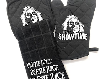 Beetlejuice oven mitt glove, towel, and two pot holders