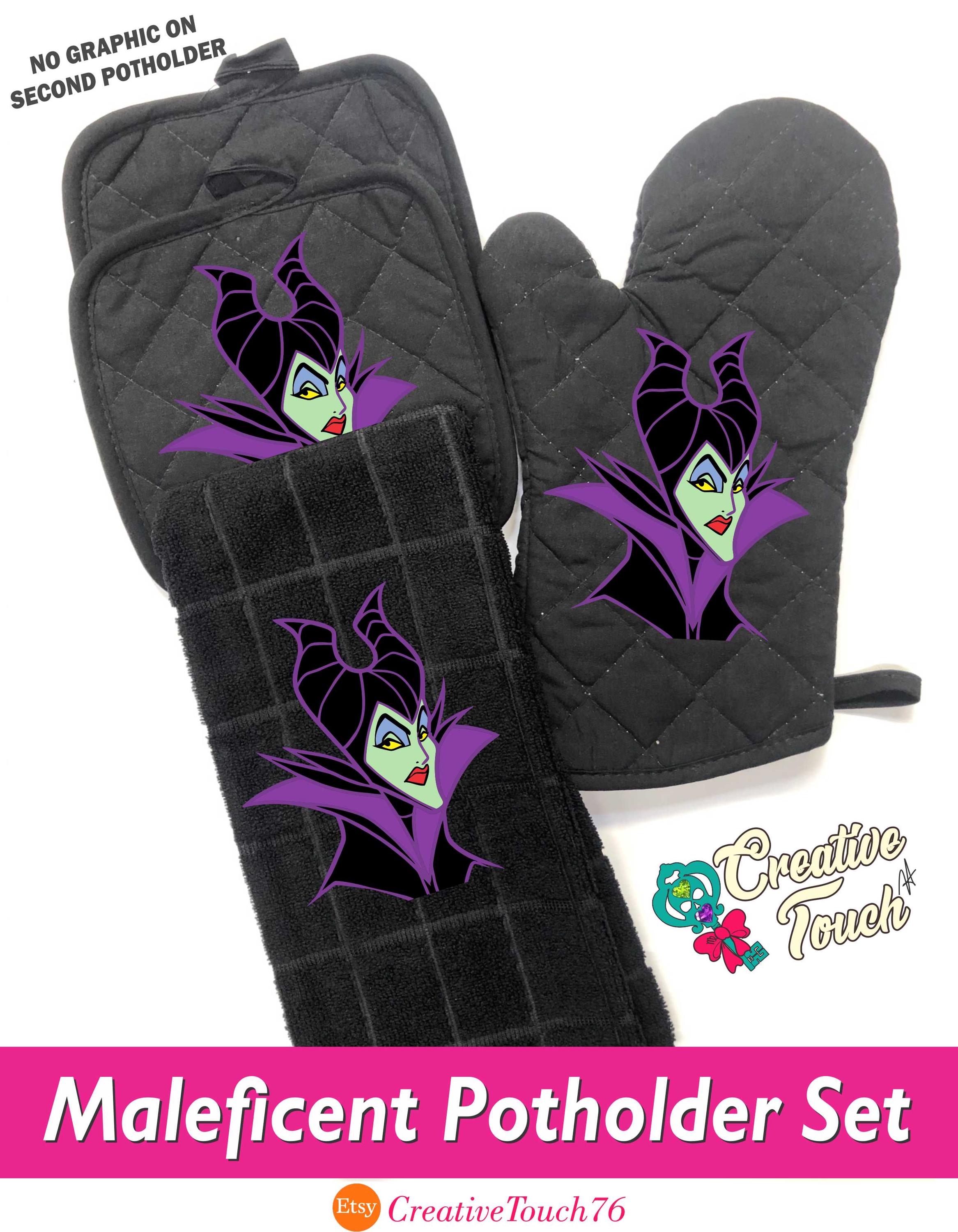 Maleficent oven mitt, potholders and towel set.