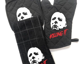 Michael Myers Halloween horror oven mitt glove, towel, and two pot holders