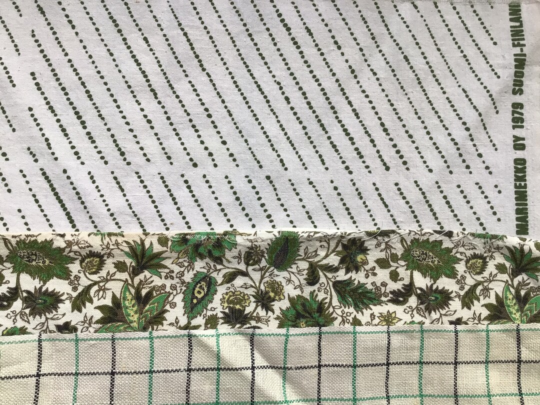 Vintage Fabric Pieces, Green and White Marimekko, Jacobean, Check Etsy
