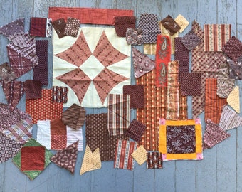 Antique Fabric Pieces and Patchwork, Madder Brown, Rust 1870, 1880s