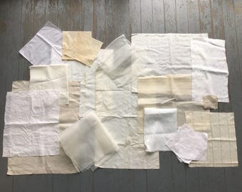 Retalhos de tecido antigo, acervo branco com linho e algodão, 1870-1940