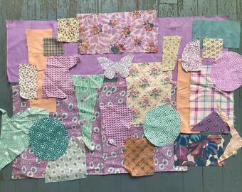 Antique Fabric Pieces with Peach, Lavender, Green, 1920-1940
