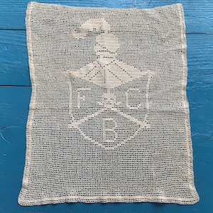 Antique Filet Crochet with Knights of Pythias Shield, Late 1800s