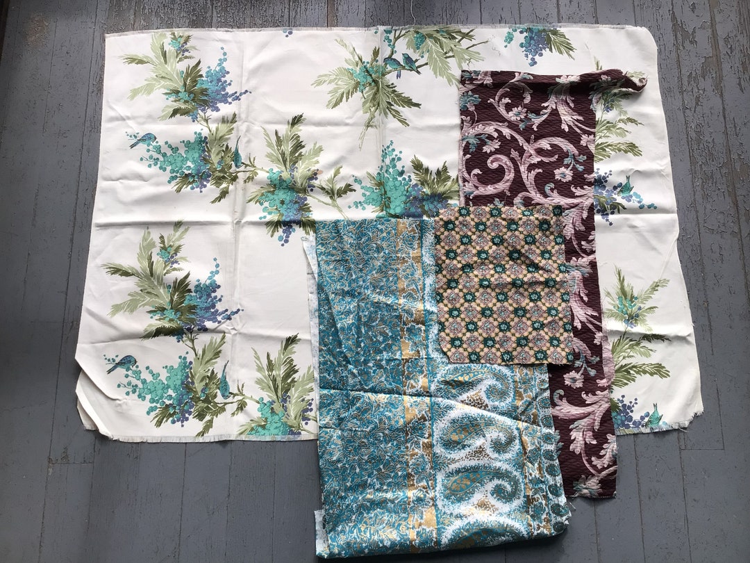 Vintage Fabric Pieces 1920s1950s Turquoise and Brown Etsy