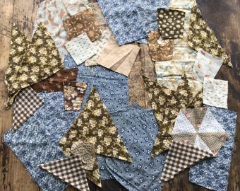 Antique Fabric Scraps and Pieces, 1880s Browns and Slate Blues