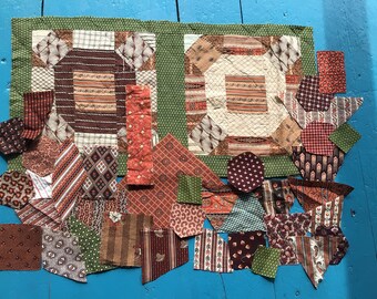 Antique Fabric Pieces and Quilt Fragment, 1870s, 1880s, Madder Brown, Rust, Green