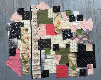 Antique Fabric Pieces with Roses in Black, Pink, Green and Ivory, 1880-1900