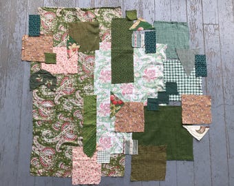 Antique Fabric Pieces w Greens, Paisley with Tan, 1880-1900
