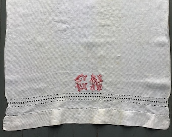 Antique Embroidered Towel, Redwork w G N Monogram, AS IS
