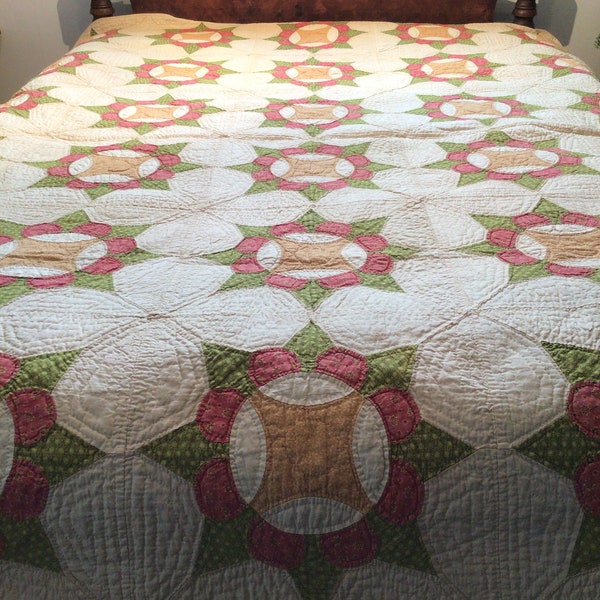 Antique, Mid 1800s Quilt w Turkey Red, Cheddar and Green