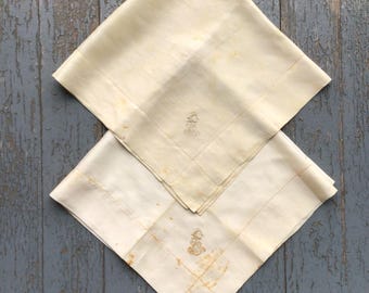 Pair Antique, Embroidered Silk Handkerchiefs with Monogram and Crest, AS IS