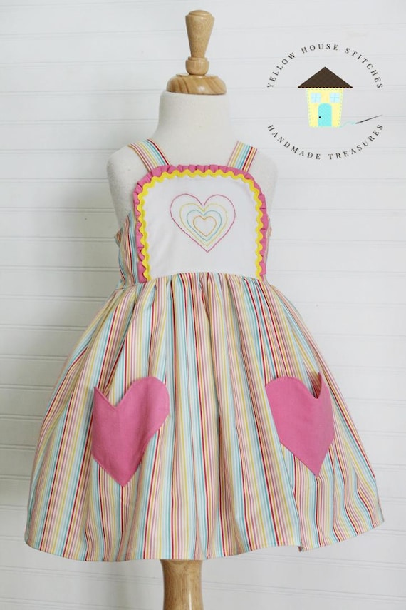 Heart Rainbow Embroidered Pocket Handmade Dress Heart Rainbow Embroidered Pocket Handmade Dress