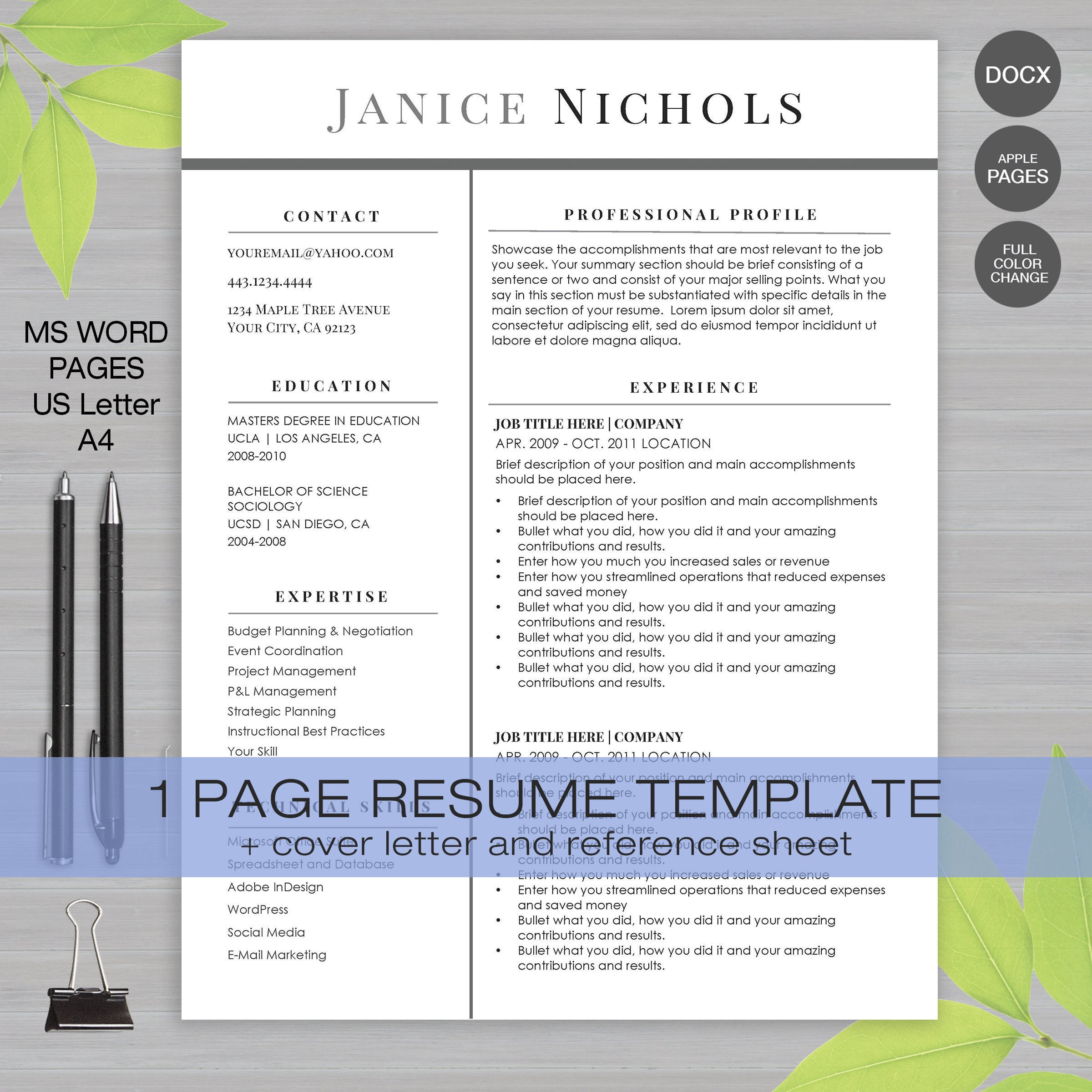Resume Template For Ms Word And Pages 1 Page Resume Template Etsy