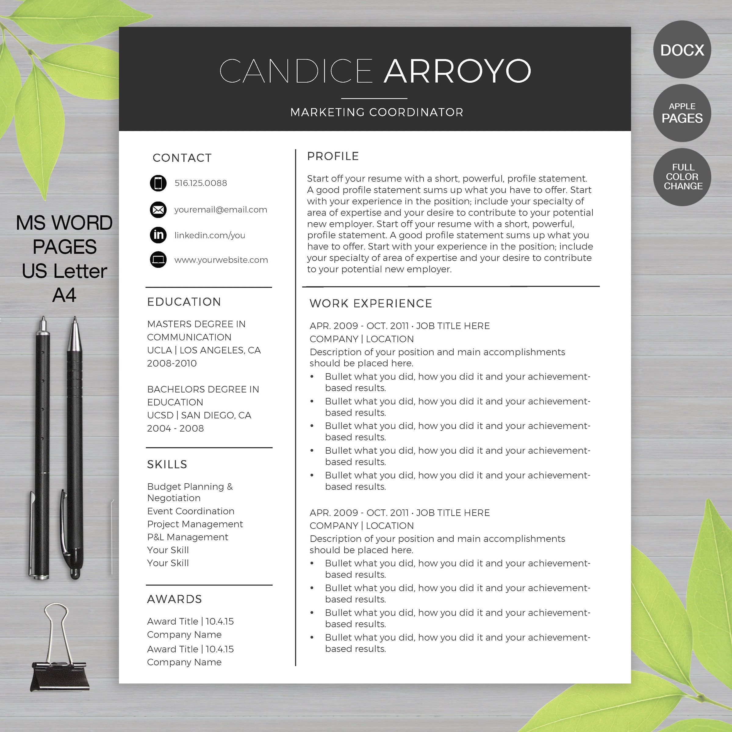 Resume Template For Ms Word And Pages 1 2 3 Page Resume Etsy