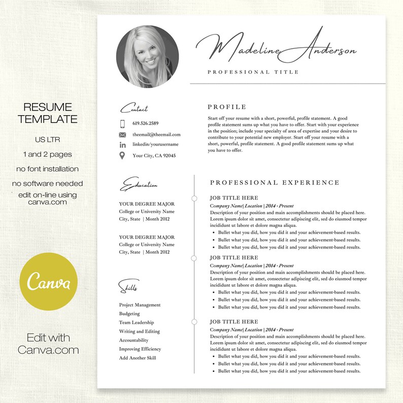 RESUME Template Canva 1 and 2 Page Versions Cover Letter ...