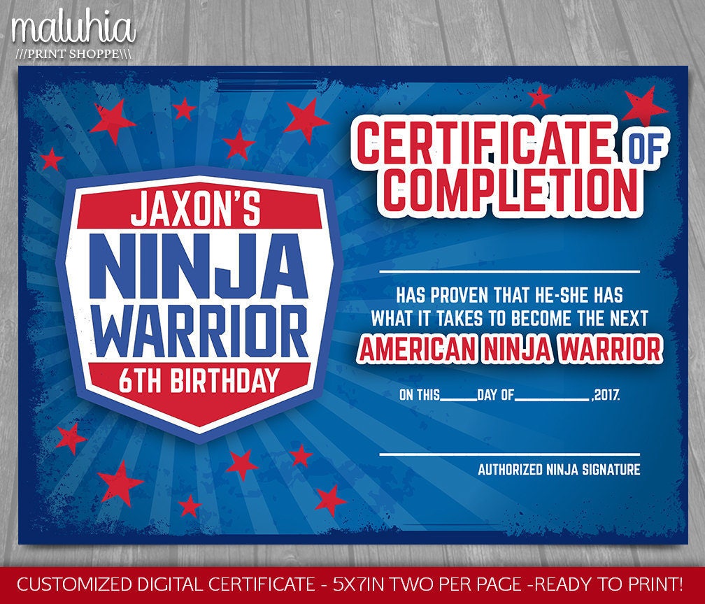 American Ninja Warrior Certificate of Completion Party Ninja | Etsy