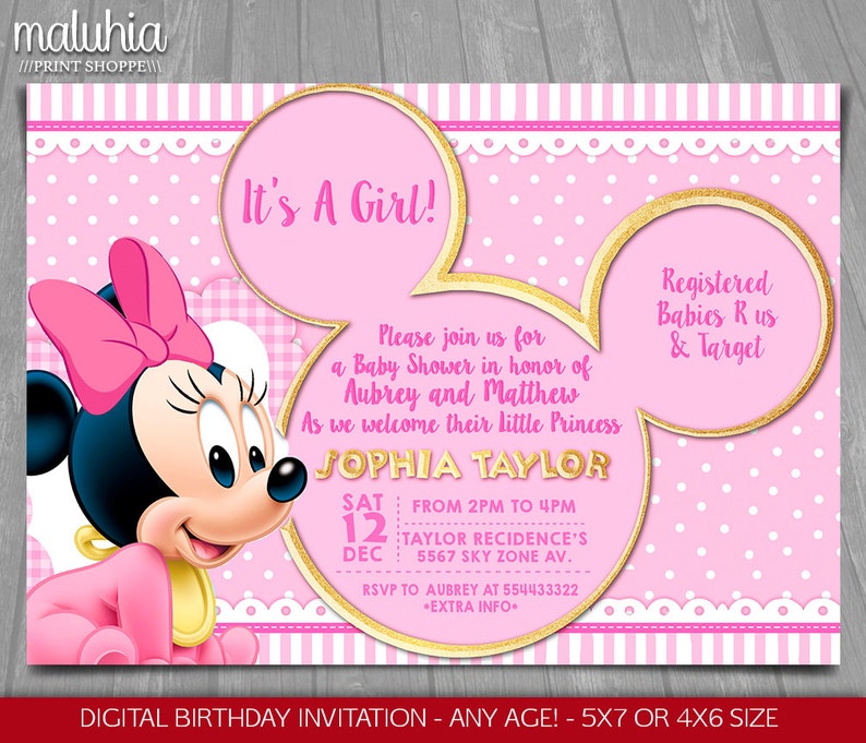 Baby Minnie Mouse Shower Invitation Princess Printed Or Printable Invite Party Dyin04