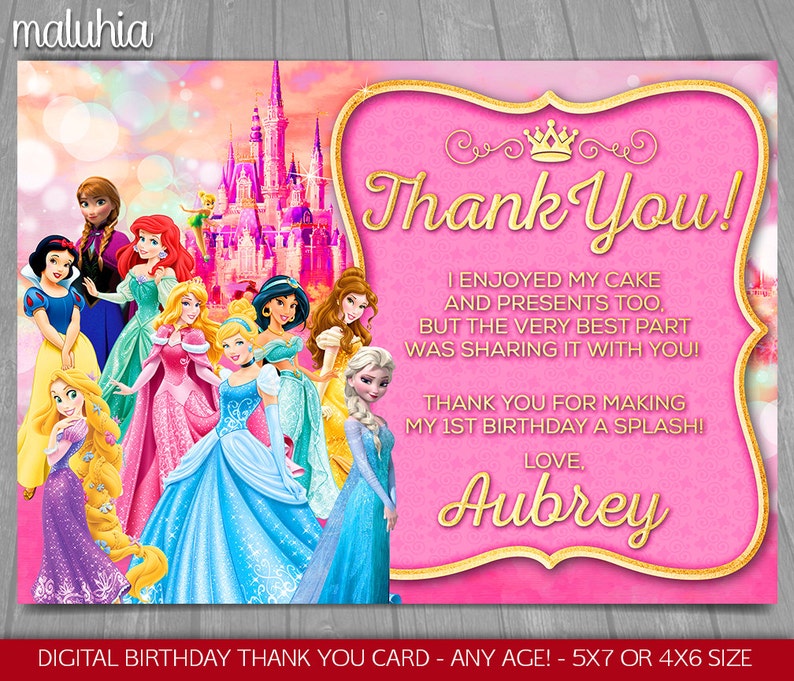 Disney Princess Birthday Invite Disney Princesses Invitation /& Thank you card Cinderella Ariel Aurora Belle Anna Elsa Snow White Party