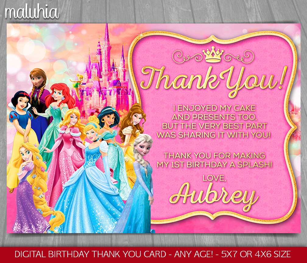 Disney Princess thank you card Disney Princesses Birthday Etsy