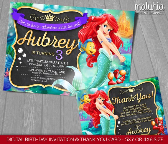 Little Mermaid Invitation Thank You Card Disney Princess Ariel