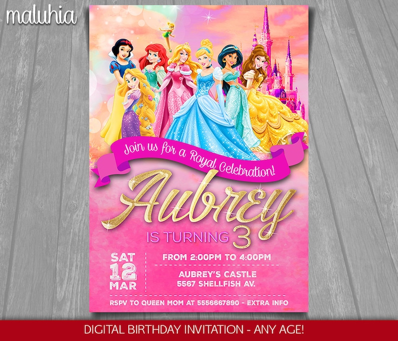Disney Princess Birthday Invite Disney Princesses Invitation /& Thank you card Cinderella Ariel Aurora Belle Anna Elsa Snow White Party
