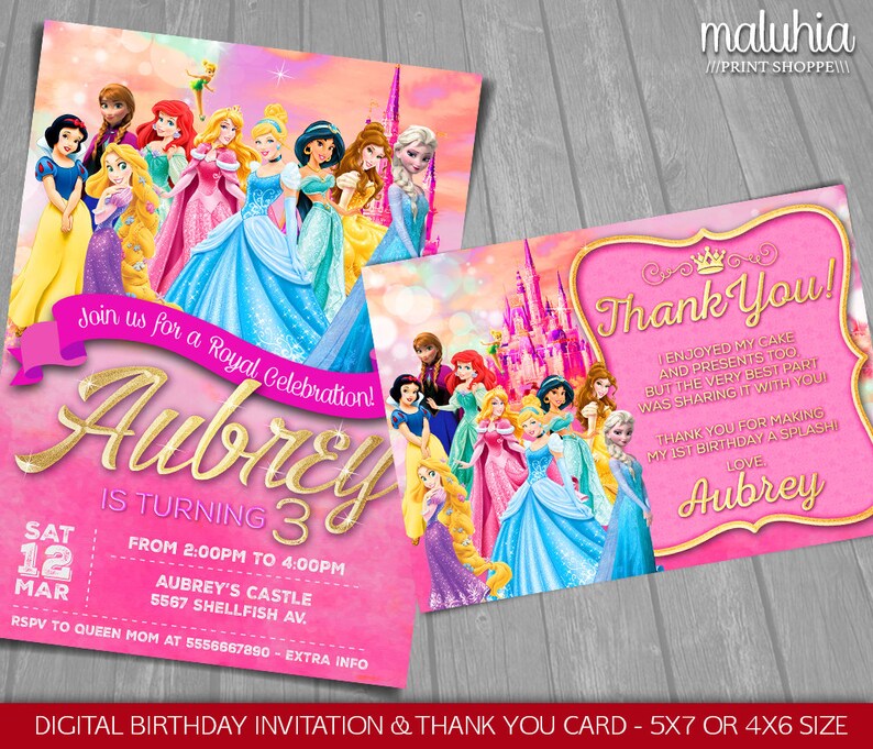 Disney Princess Birthday Invite Disney Princesses Invitation /& Thank you card Cinderella Ariel Aurora Belle Anna Elsa Snow White Party