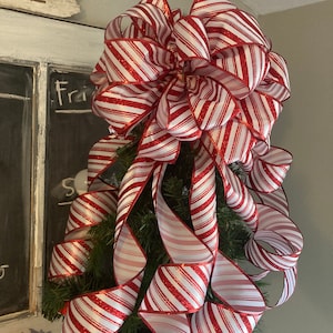 Candy Cane stripe Christmas tree bow topper, Red and white bow topper, Red and white tree topper, big bow, large bow