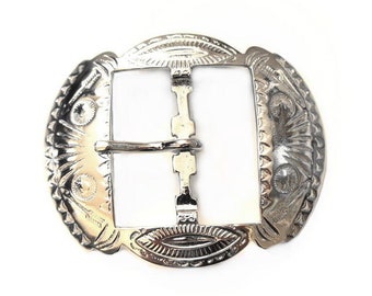 Indian Aztec Motif Nickel Silver Oval Buckle Leather Belt 40mm Width Vintage Style Zinc Cast Studded Carved Western