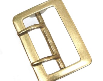 Brass Rectangle Buckle Solid Double Tongue Garrison Leather Belt Crafted 50mm Width Vintage Old Style