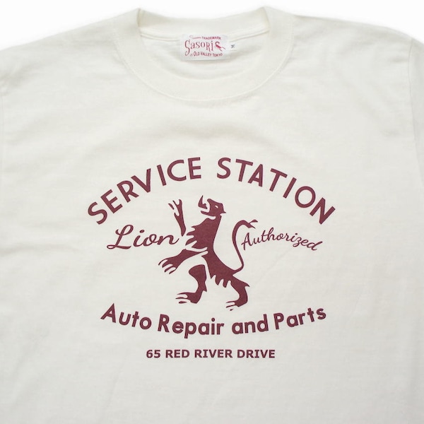 SasoRi Old Valley Tokyo Original "Lion Service Station" 5.6 oz Algodón Frente Impreso Estilo 50s Camiseta Made Japan Quality SMOKY SUMI'S STORE