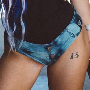Thong cut booty shorts, cheeky hot shorts, Acid washed denim, tiedye denim, hand-dyed cheeky sexy booty shorts size small