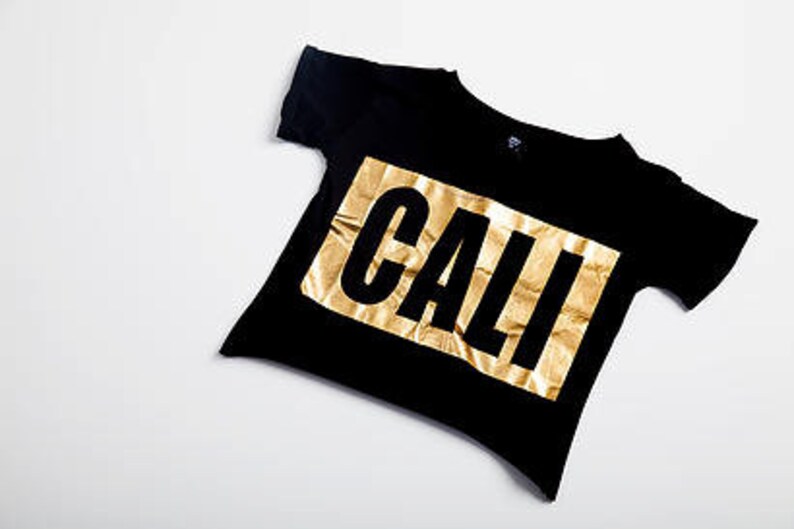 CALI GOLD by Cali Diamond croptop tee, black with gold foil, Cali Graphic tee, black crop-top, foil graphic design, 