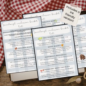 May include: A set of printed sourdough inclusion bucket list cards featuring a light blue and white checkered pattern. The text lists various flavour combinations like Jalapeño Cheddar and Honey Walnut. A small note states Includes an ink friendly version.